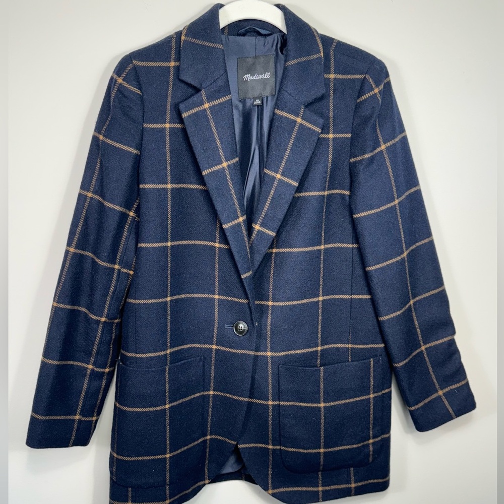 EUC - Madewell Wool Blue Blazer, size XS.  Camel colored pattern.